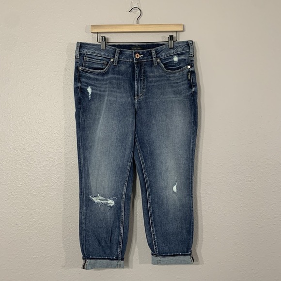 Silver Jeans Womens Size 16x26 Blue Avery Skinny Distress Dark Wash Denim Crop - Picture 1 of 11